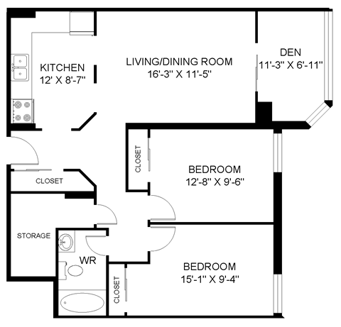 Floor plan for 2 beds, 1 bath, 927 sqft